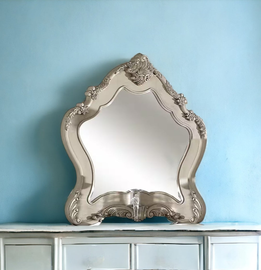 HomeRoots 48" White Abstract Wood Framed Dresser Mirror - Elegant Beveled Glass for Luxurious Bedroom Style Antique White 347134