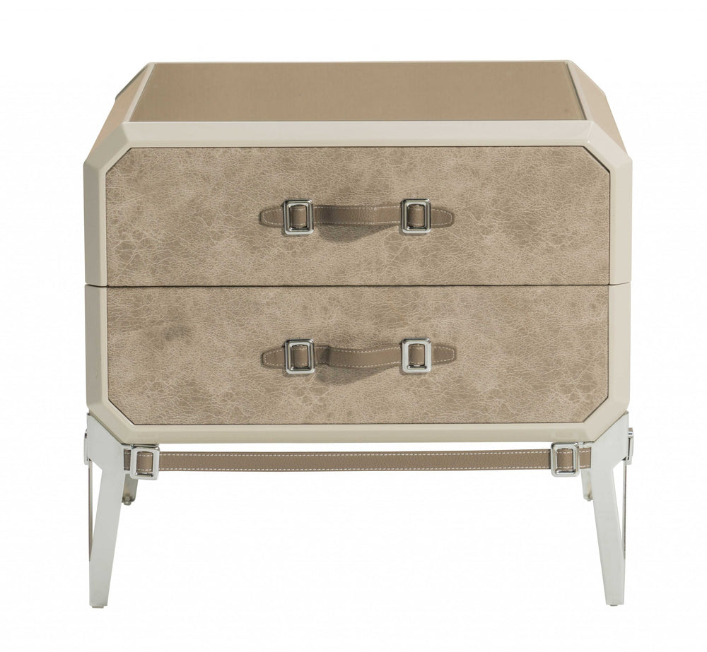 Homeroots 18" X 28" X 25" Vintage Beige Pu Wood Upholstered (Front) Metal Leg Veneer (Melamine) Nightstand   347162