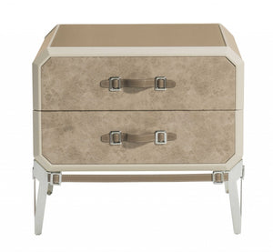 Homeroots 18" X 28" X 25" Vintage Beige Pu Wood Upholstered (Front) Metal Leg Veneer (Melamine) Nightstand   347162