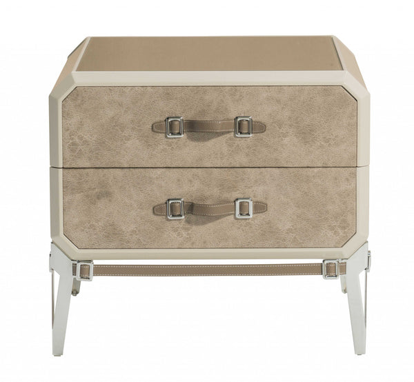 Homeroots 18" X 28" X 25" Vintage Beige Pu Wood Upholstered (Front) Metal Leg Veneer (Melamine) Nightstand   347162