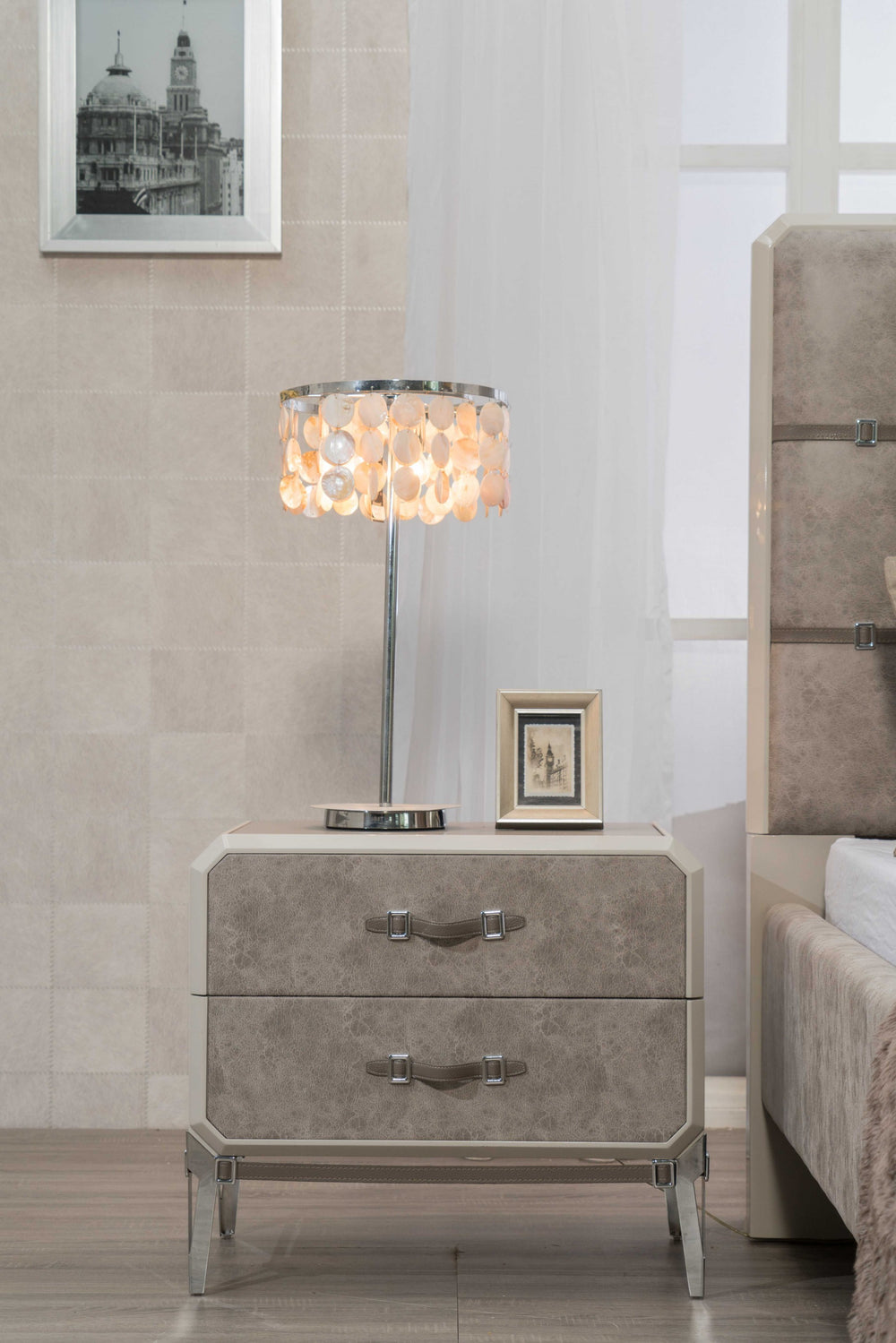 Homeroots 18" X 28" X 25" Vintage Beige Pu Wood Upholstered (Front) Metal Leg Veneer (Melamine) Nightstand   347162