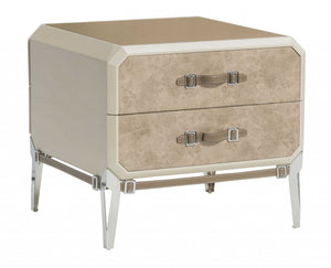 Homeroots 18" X 28" X 25" Vintage Beige Pu Wood Upholstered (Front) Metal Leg Veneer (Melamine) Nightstand   347162