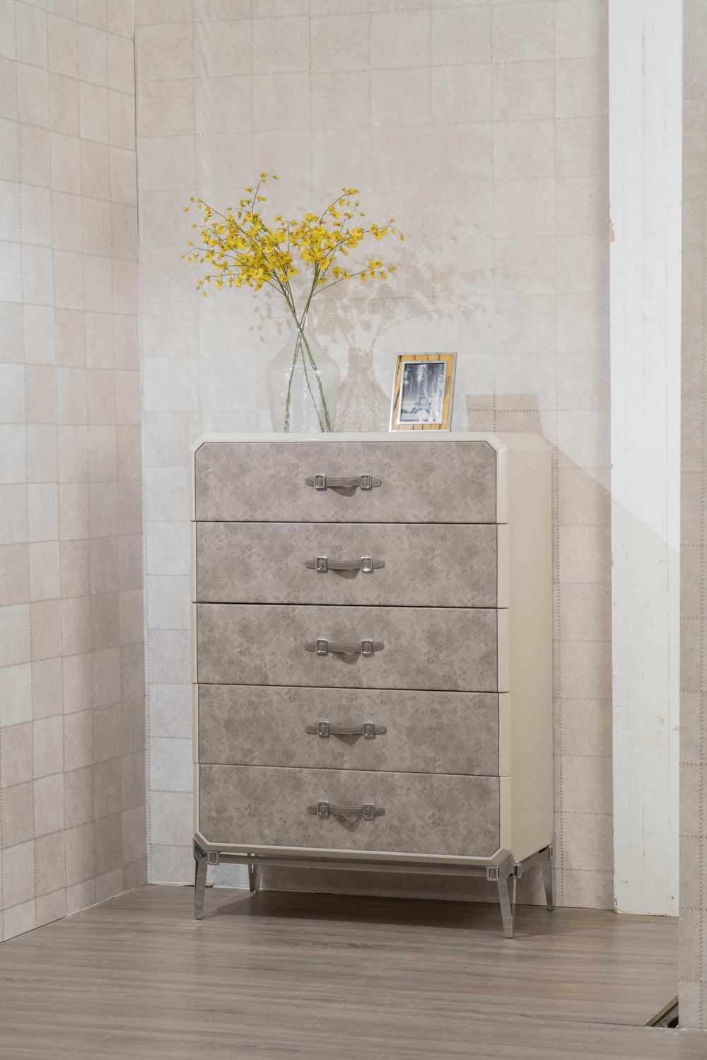 Homeroots 18" X 35" X 52" Vintage Beige Pu Wood Upholstered (Front) Metal Leg Veneer (Melamine) Chest  Solid Wood 347165