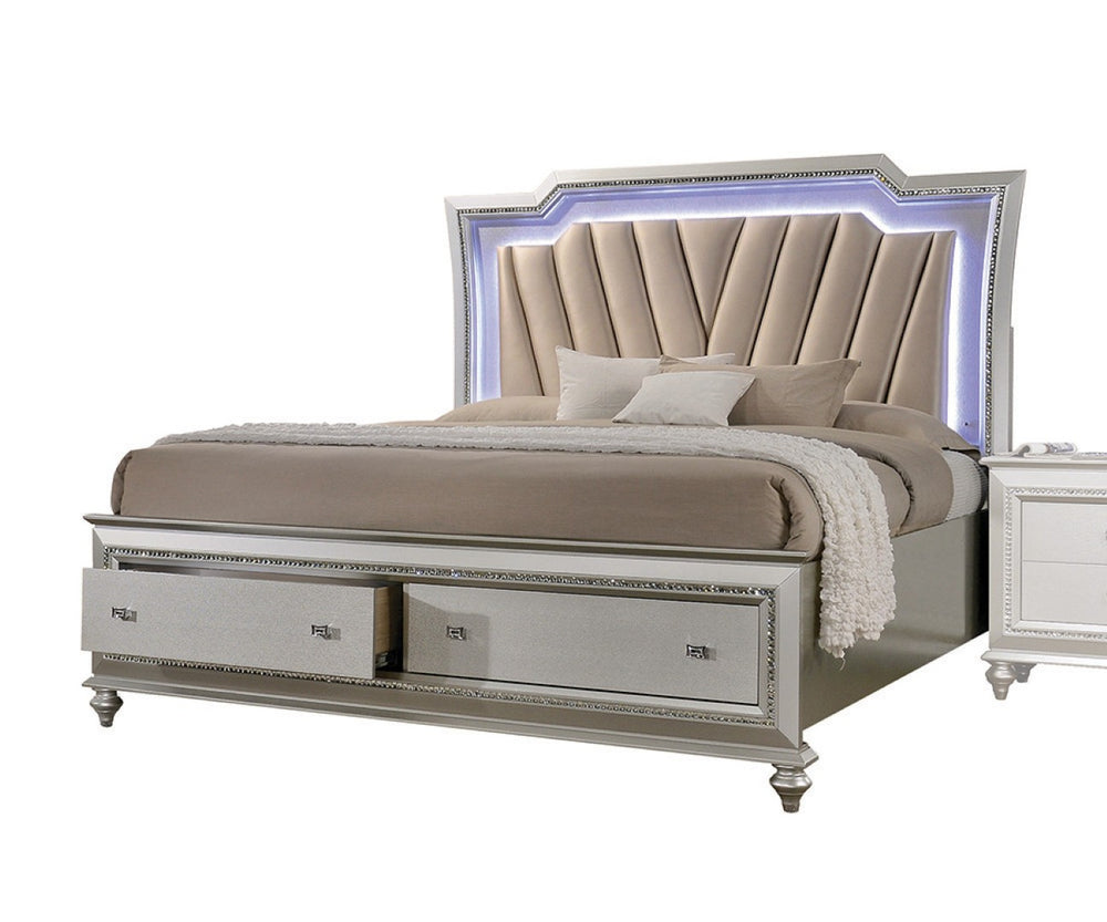 HomeRoots 83" Luxurious Upholstered Champagne Storage Bed with LED Lighting & Glamorous Trim for Modern Bedrooms 67" Queen 347168