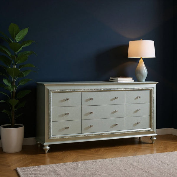 HomeRoots 18" Elegant Champagne Solid Wood Double Dresser - Stylish Storage Solution for Modern Bedrooms 9 347171