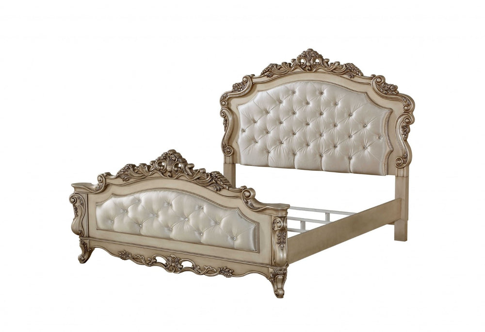 HomeRoots Antiqued White Wood Queen Bed Frame - Tufted Silk Headboard with Nailhead Trim for Luxe Bedroom Charm 347173