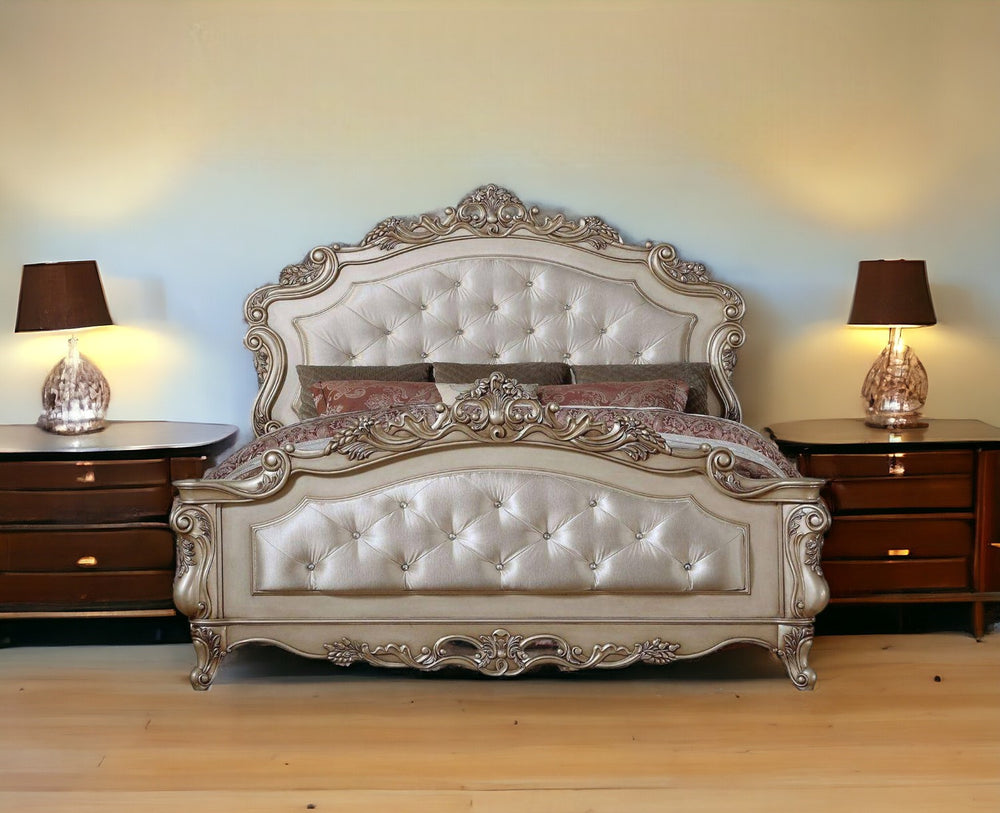 Homeroots Antiqued White Queen Tufted Upholstered Silk Bed Frame With Nailhead Trim  Manufactured Wood 347173