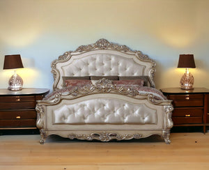 Homeroots Antiqued White Queen Tufted Upholstered Silk Bed Frame With Nailhead Trim  Manufactured Wood 347173