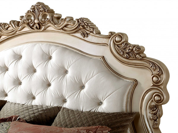 Homeroots Antiqued White Queen Tufted Upholstered Silk Bed Frame With Nailhead Trim  Manufactured Wood 347173