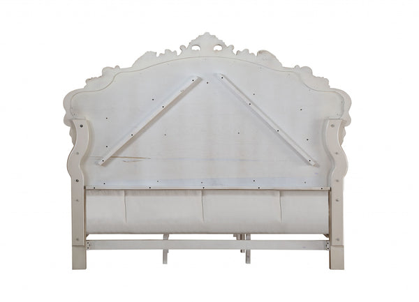 Homeroots Antiqued White Queen Tufted Upholstered Silk Bed Frame With Nailhead Trim  Manufactured Wood 347173