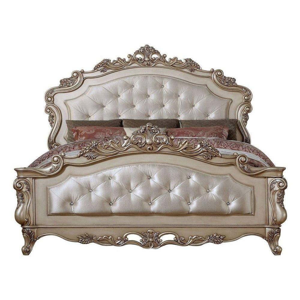 Homeroots Antiqued White Queen Tufted Upholstered Silk Bed Frame With Nailhead Trim  Manufactured Wood 347173