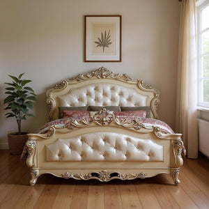 HomeRoots Antiqued White Wood Queen Bed Frame - Tufted Silk Headboard with Nailhead Trim for Luxe Bedroom Charm 347173