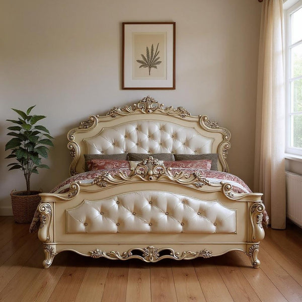 HomeRoots Antiqued White Wood Queen Bed Frame - Tufted Silk Headboard with Nailhead Trim for Luxe Bedroom Charm 347173