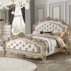 Homeroots Antiqued White Queen Tufted Upholstered Silk Bed Frame With Nailhead Trim  Manufactured Wood 347173