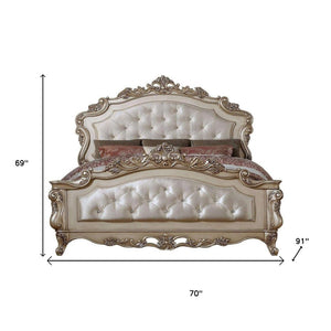 HomeRoots Antiqued White Wood Queen Bed Frame - Tufted Silk Headboard with Nailhead Trim for Luxe Bedroom Charm 347173