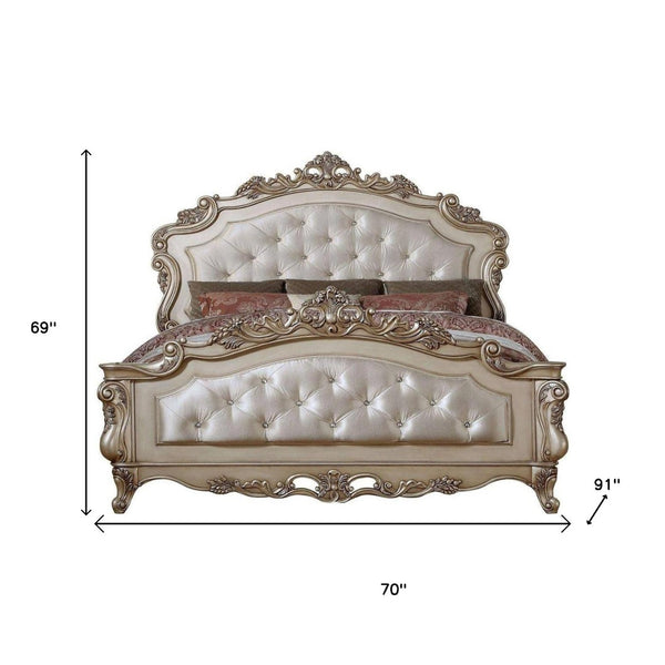 HomeRoots Antiqued White Wood Queen Bed Frame - Tufted Silk Headboard with Nailhead Trim for Luxe Bedroom Charm 347173
