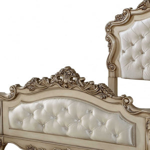 Homeroots Antiqued White Queen Tufted Upholstered Silk Bed Frame With Nailhead Trim  Manufactured Wood 347173