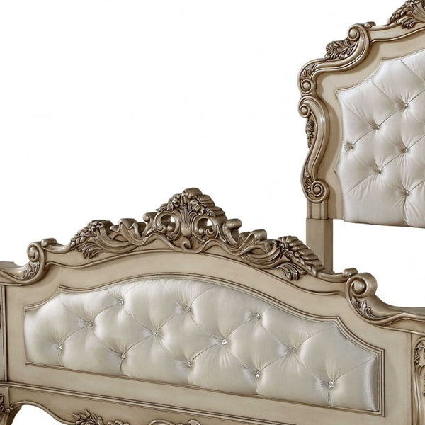 Homeroots Antiqued White Queen Tufted Upholstered Silk Bed Frame With Nailhead Trim  Manufactured Wood 347173