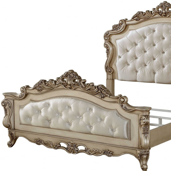Homeroots Antiqued White Queen Tufted Upholstered Silk Bed Frame With Nailhead Trim  Manufactured Wood 347173