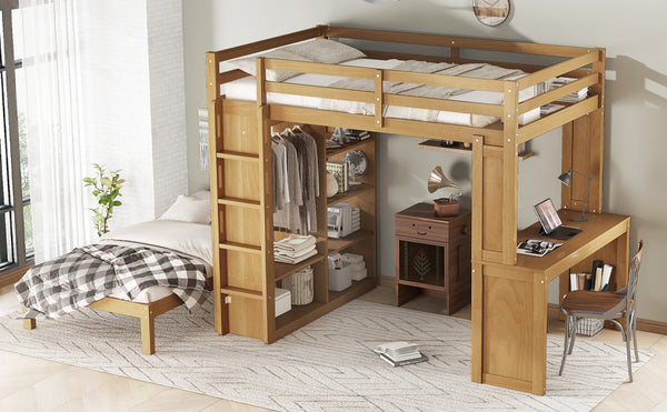 English Elm Full Solid Wood Loft Bed with Removable Lower Bed, Built-In Desk, Shelves & Wardrobe for Space-Saving Designs Natural W1580S00213