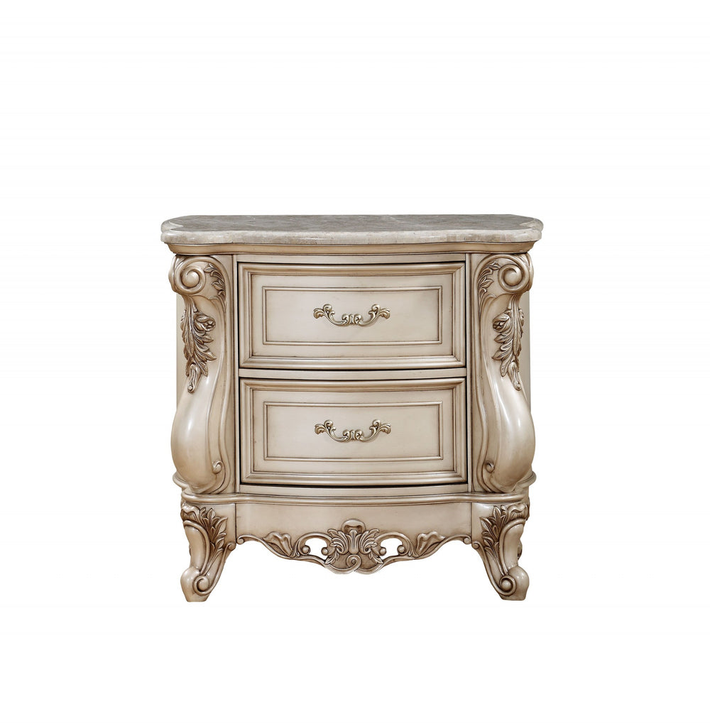 Homeroots 32" Antiqued White Two Drawers Mirrored Nightstand   347174