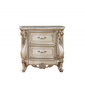 Homeroots 32" Antiqued White Two Drawers Mirrored Nightstand   347174