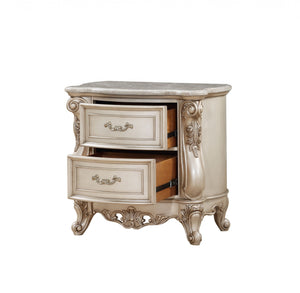 Homeroots 32" Antiqued White Two Drawers Mirrored Nightstand   347174