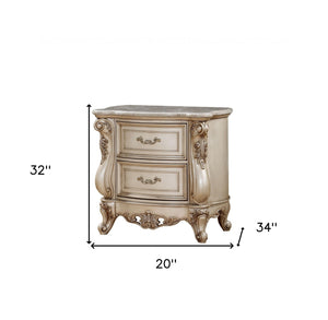 Homeroots 32" Antiqued White Two Drawers Mirrored Nightstand   347174
