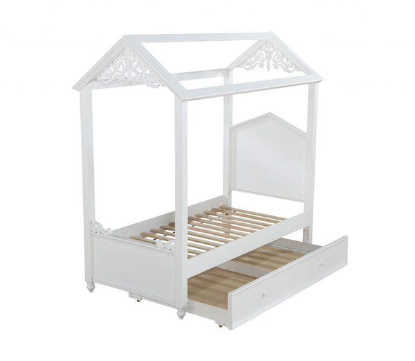 HomeRoots White Wood Twin Canopy Bed Frame - Stylish, Durable Design for Cozy Bedrooms & Compact Spaces 347193