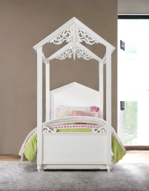 HomeRoots White Wood Twin Canopy Bed Frame - Stylish, Durable Design for Cozy Bedrooms & Compact Spaces 347193