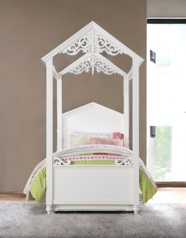 HomeRoots White Wood Twin Canopy Bed Frame - Stylish, Durable Design for Cozy Bedrooms & Compact Spaces 347193