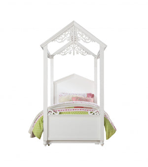 HomeRoots White Wood Twin Canopy Bed Frame - Stylish, Durable Design for Cozy Bedrooms & Compact Spaces 347193