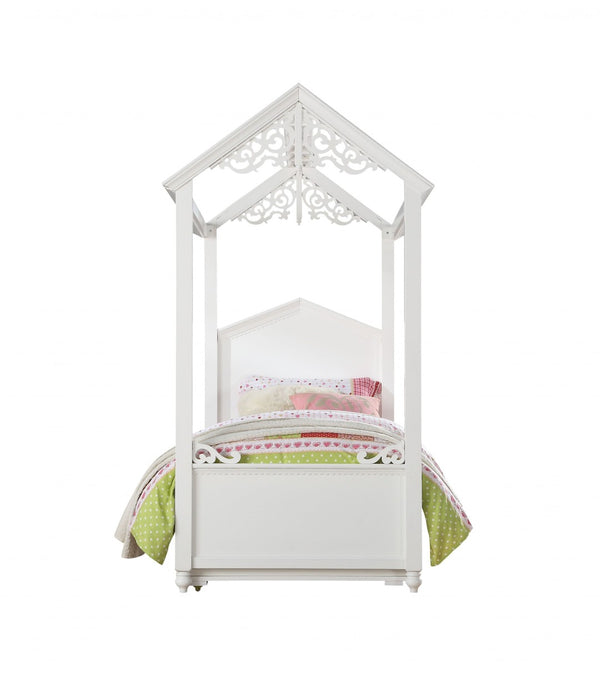 HomeRoots White Wood Twin Canopy Bed Frame - Stylish, Durable Design for Cozy Bedrooms & Compact Spaces 347193