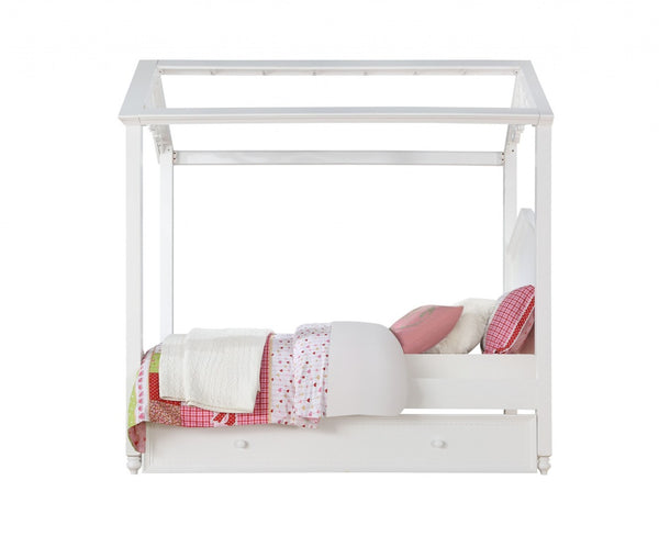 HomeRoots White Wood Twin Canopy Bed Frame - Stylish, Durable Design for Cozy Bedrooms & Compact Spaces 347193