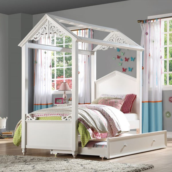 HomeRoots White Wood Twin Canopy Bed Frame - Stylish, Durable Design for Cozy Bedrooms & Compact Spaces 347193