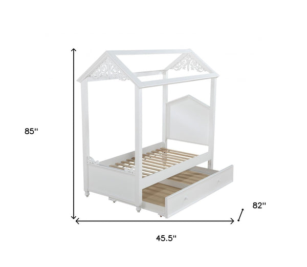 HomeRoots White Wood Twin Canopy Bed Frame - Stylish, Durable Design for Cozy Bedrooms & Compact Spaces 347193