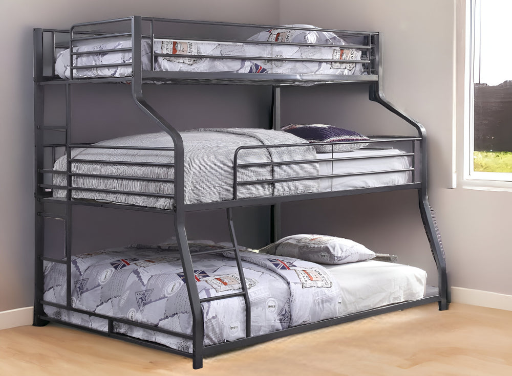 Homeroots 62" X 83" X 74" Gunmetal Metal Triple Bunk Bed  Twinfullqueen  Metal 347194