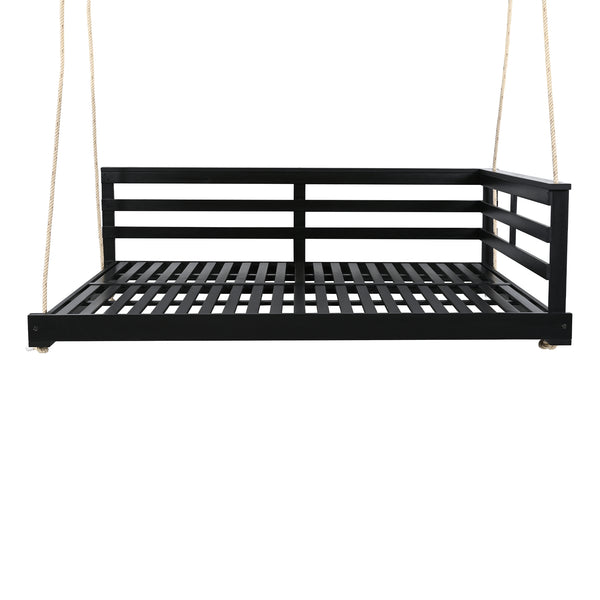 English Elm TOPMAX Acacia Wood Porch Swing Bed with 96" Hemp Ropes, Open-Side Minimalist Patio Lounger, 350lb Capacity Black N717P265860B