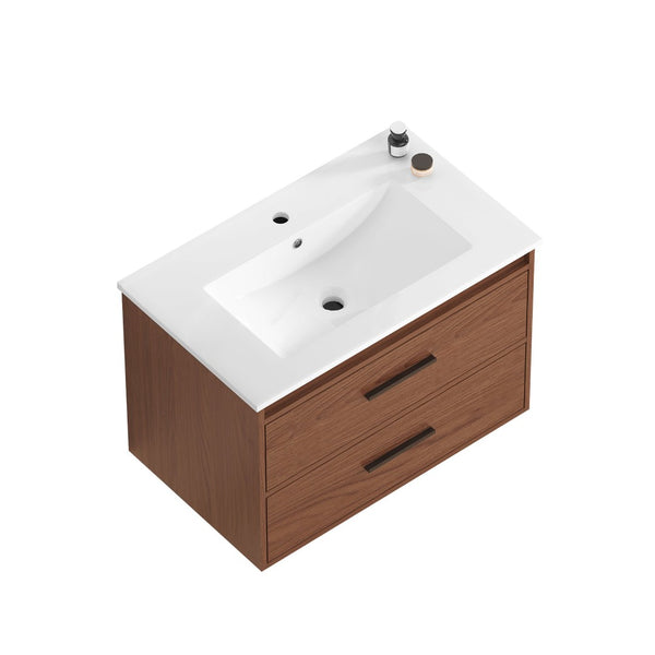English Elm 30" Wall Mounted Bathroom Vanity Reddish Brown Mdf Two Soft Close Drawer Ceramic Sink W3133S00021