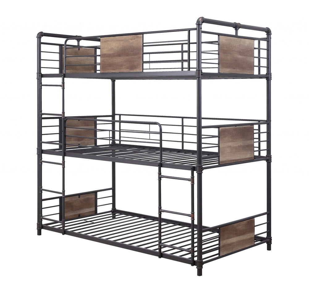Homeroots 43" X 79" X 79" Sandy Black Dark Bronze Handbrushed Metal Wood Triple Bunk Bed  Twin  Metal 347200