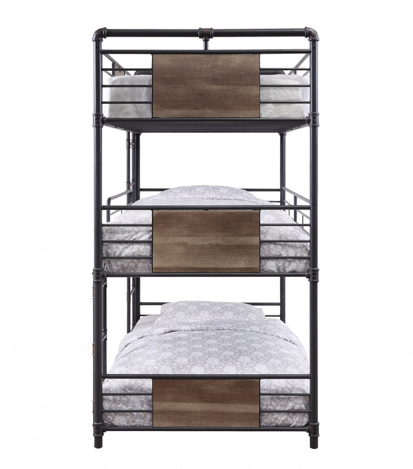 Homeroots 43" X 79" X 79" Sandy Black Dark Bronze Handbrushed Metal Wood Triple Bunk Bed  Twin  Metal 347200
