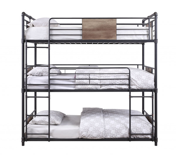 Homeroots 43" X 79" X 79" Sandy Black Dark Bronze Handbrushed Metal Wood Triple Bunk Bed  Twin  Metal 347200