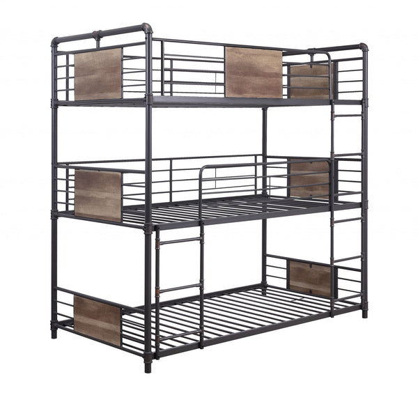 Homeroots 43" X 79" X 79" Sandy Black Dark Bronze Handbrushed Metal Wood Triple Bunk Bed  Twin  Metal 347200