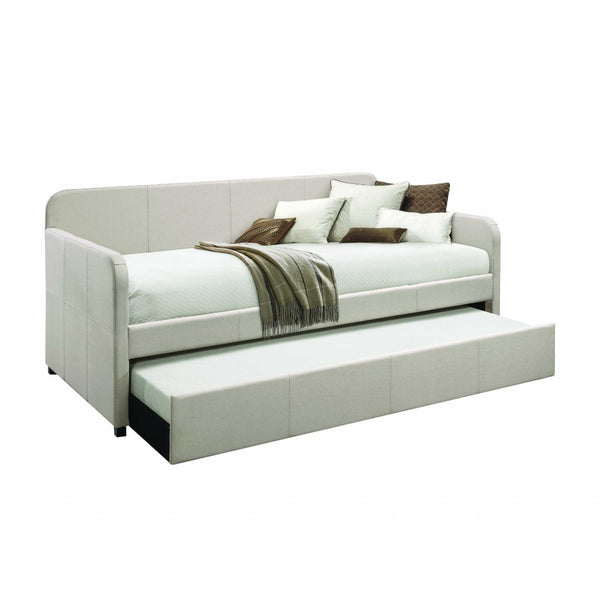 HomeRoots White Twin Bed Frame with Light Gray Linen Upholstery - Modern, Durable Design for Compact Spaces 347214