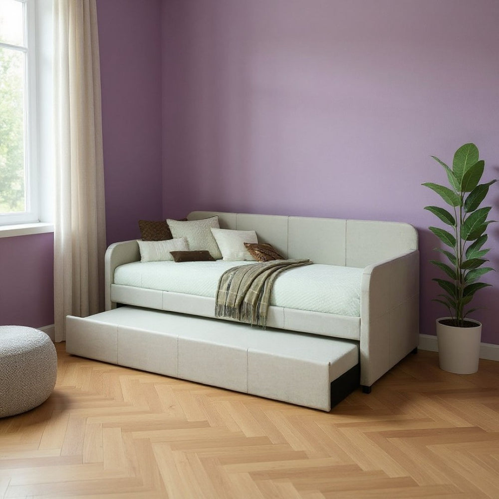 HomeRoots White Twin Bed Frame with Light Gray Linen Upholstery - Modern, Durable Design for Compact Spaces 347214
