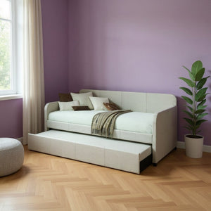 HomeRoots White Twin Bed Frame with Light Gray Linen Upholstery - Modern, Durable Design for Compact Spaces 347214
