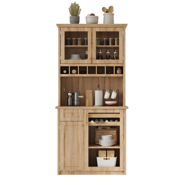 English Elm Topmax Farmhouse Buffet Hutch with Wine Rack Shaker Glass Pantry Cabinet N717P327043N
