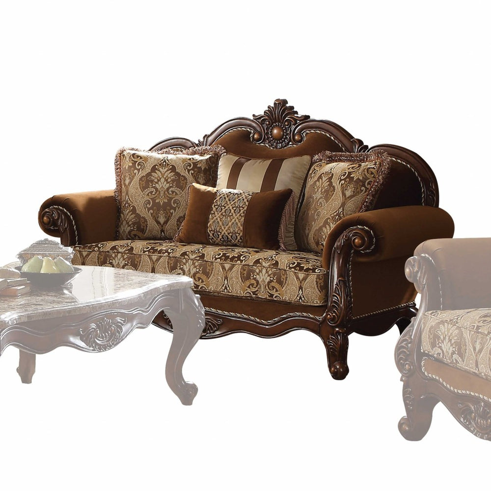 HomeRoots 69" Brown Damask Chesterfield Loveseat with Toss Pillows - Classic Elegance and Comfort for Two! 347240