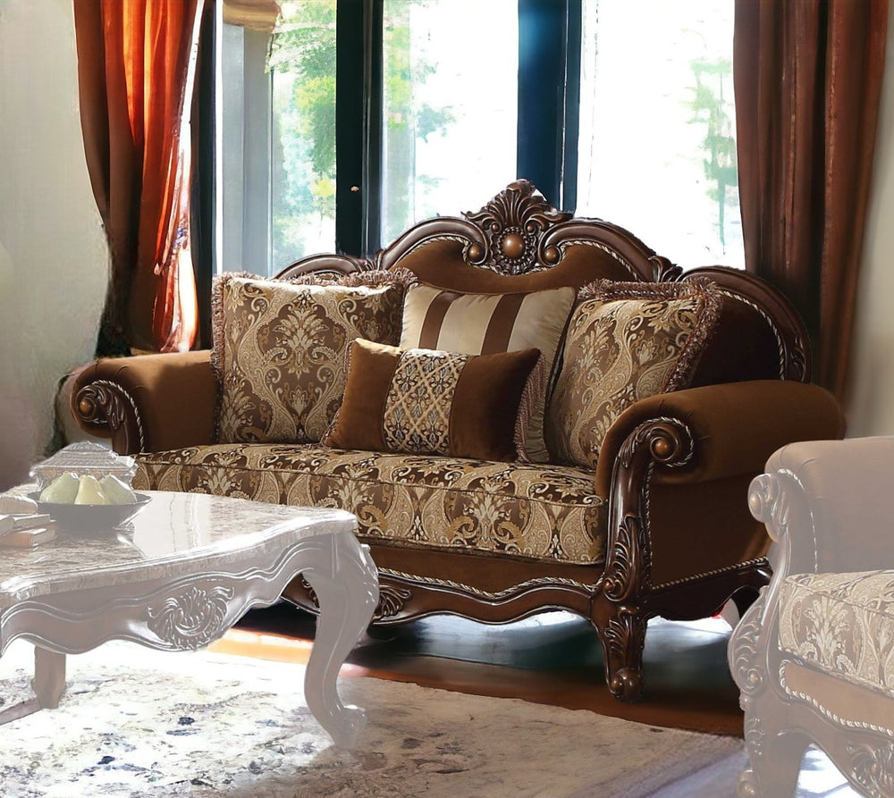 HomeRoots 69" Brown Damask Chesterfield Loveseat with Toss Pillows - Classic Elegance and Comfort for Two! 347240