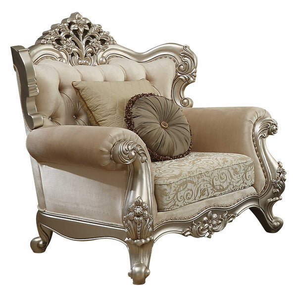 Homeroots 39" Champagne Fabric Damask Chair And A Half And Toss Pillows   347242